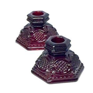Vintage Avon 1876 Cape Cod Ruby Red Glass Candle Holder - Roman Rosette Pressed